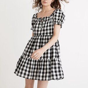 Madewell Black Gingham Square-Neck Tiered Mini Dress. Seersucker